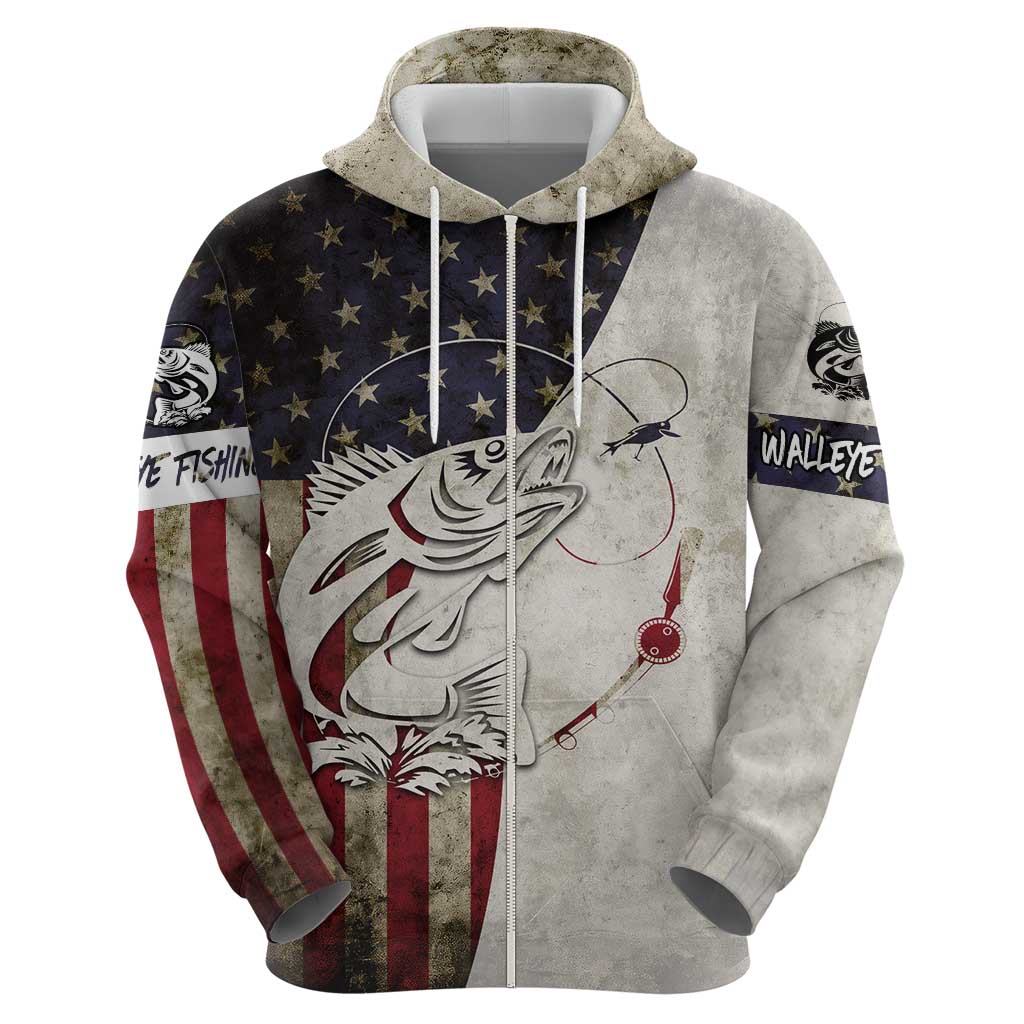 Walleye Fishing Hoodie American Flag Vintage Design and Custom Name Option - Wonder Print Shop