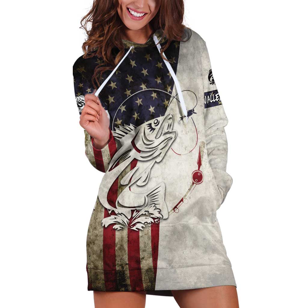 Walleye Fishing Hoodie Dress American Flag Vintage Design and Custom Name Option - Wonder Print Shop
