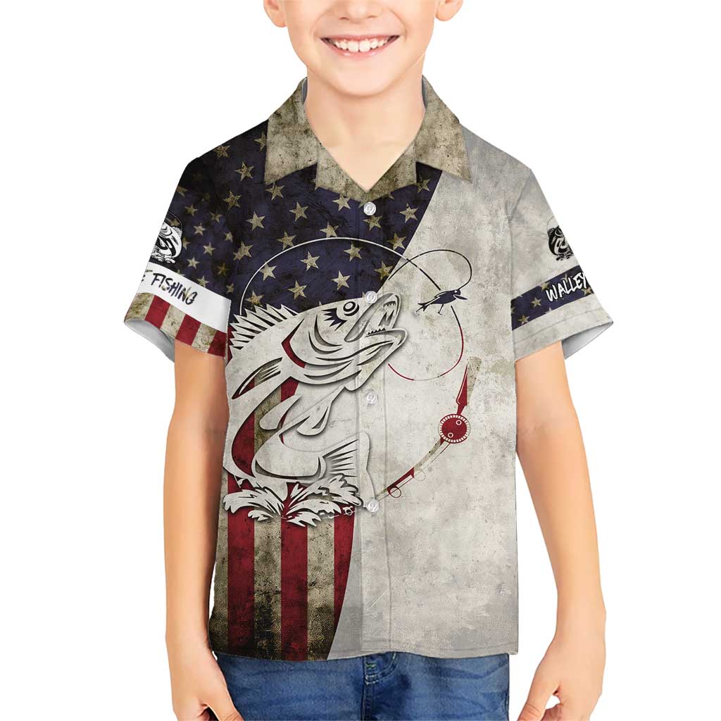 Walleye Fishing Kid Hawaiian Shirt American Flag Vintage Design and Custom Name Option - Wonder Print Shop
