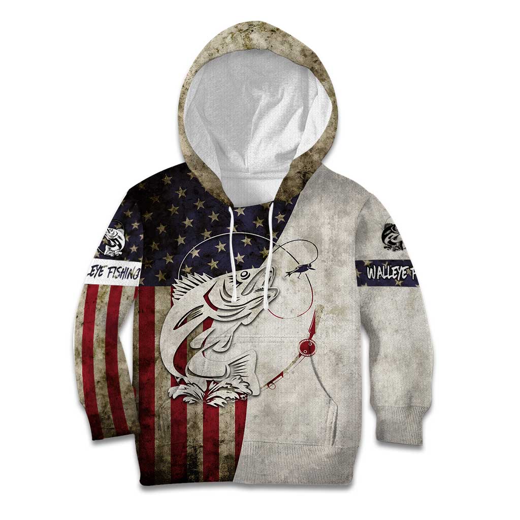 Walleye Fishing Kid Hoodie American Flag Vintage Design and Custom Name Option - Wonder Print Shop