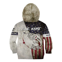 Walleye Fishing Kid Hoodie American Flag Vintage Design and Custom Name Option - Wonder Print Shop