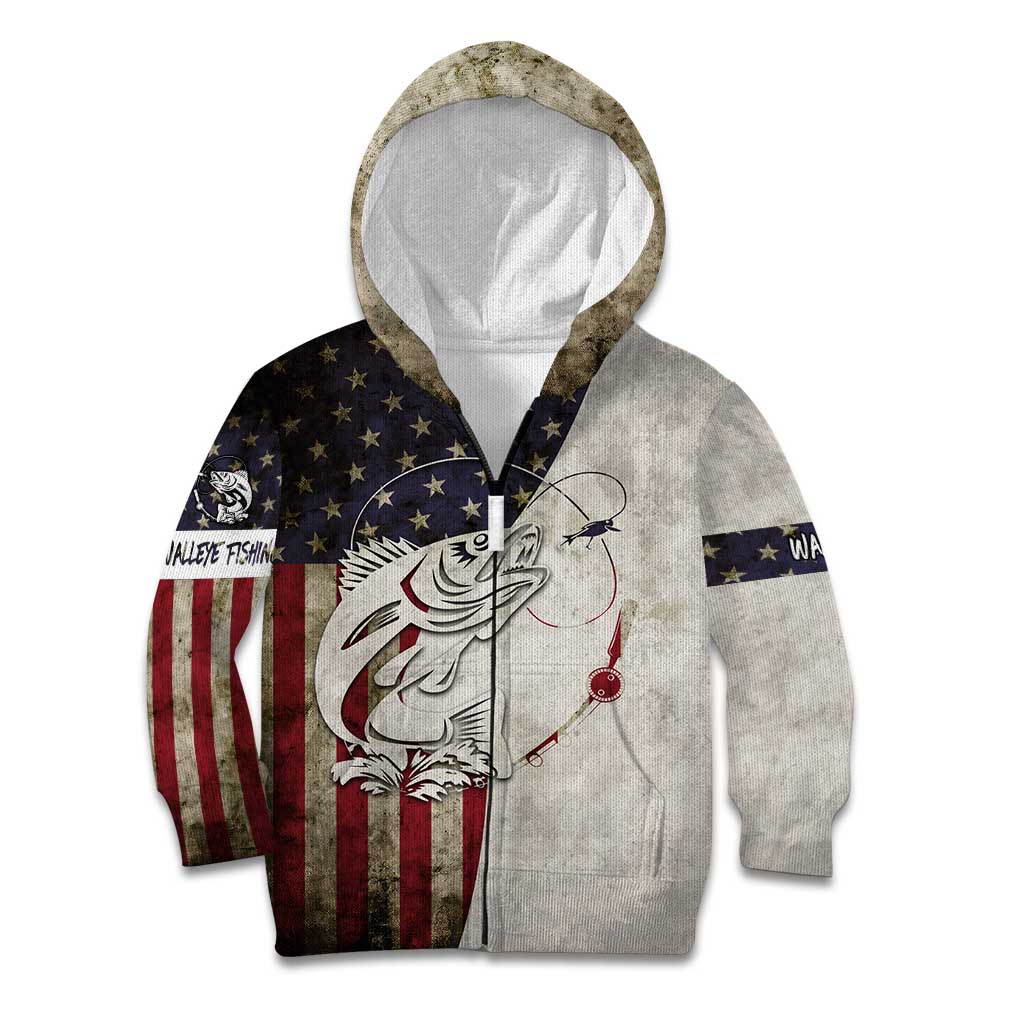 Walleye Fishing Kid Hoodie American Flag Vintage Design and Custom Name Option - Wonder Print Shop