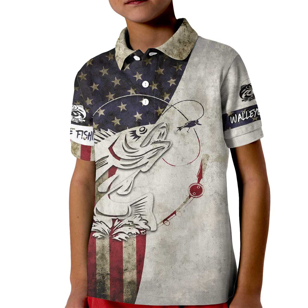 Walleye Fishing Kid Polo Shirt American Flag Vintage Design and Custom Name Option - Wonder Print Shop