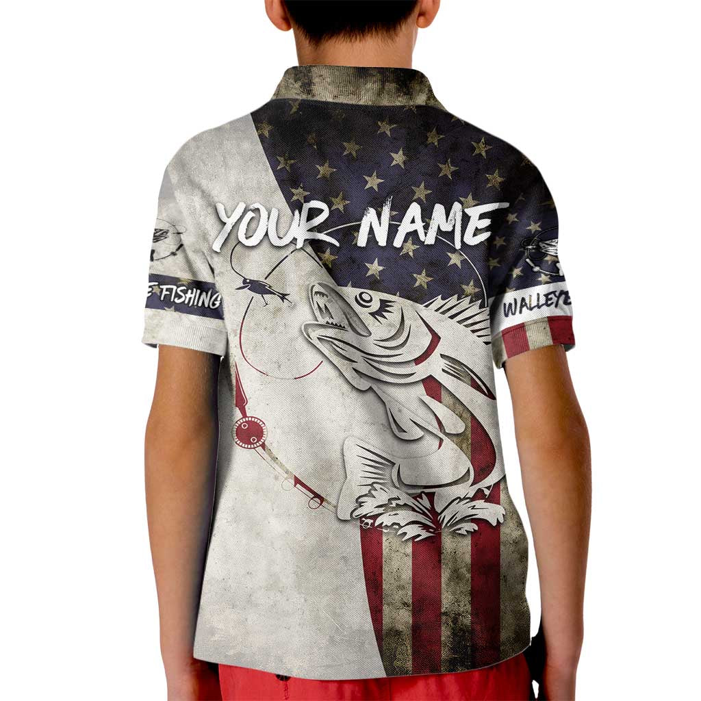 Walleye Fishing Kid Polo Shirt American Flag Vintage Design and Custom Name Option - Wonder Print Shop