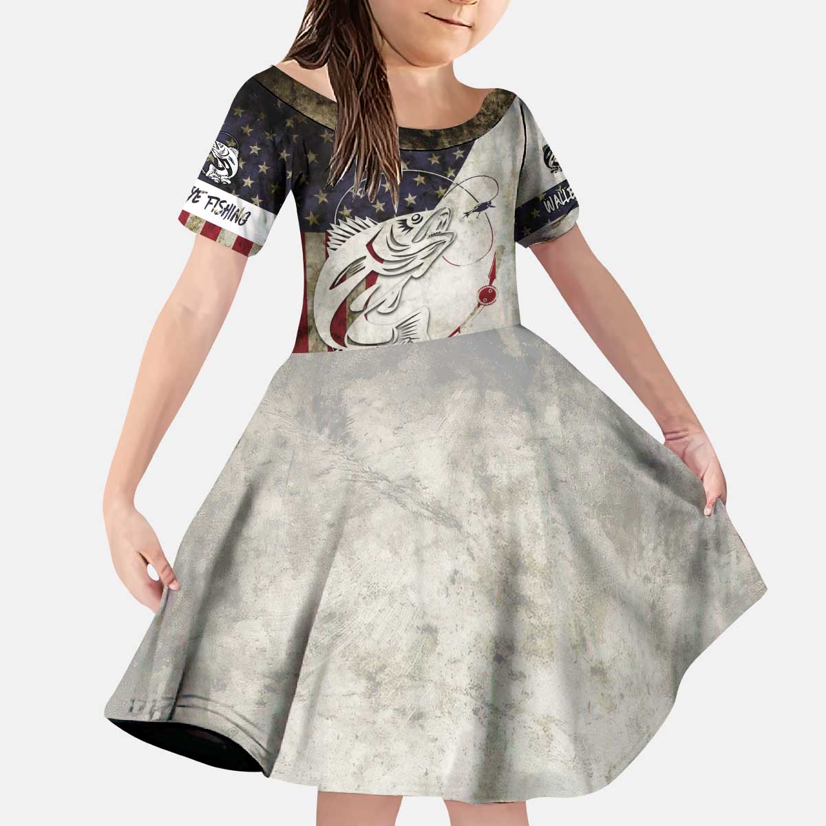 Walleye Fishing Kid Short Sleeve Dress American Flag Vintage Design and Custom Name Option - Wonder Print Shop