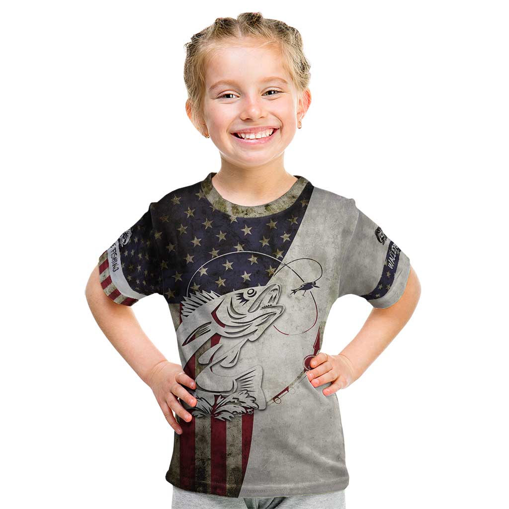 Walleye Fishing Kid T Shirt American Flag Vintage Design and Custom Name Option - Wonder Print Shop