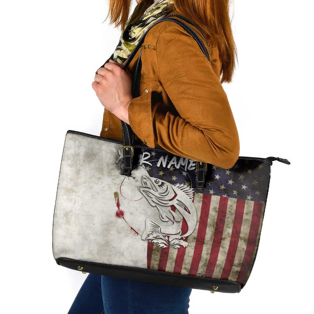 Walleye Fishing Leather Tote Bag American Flag Vintage Design and Custom Name Option - Wonder Print Shop