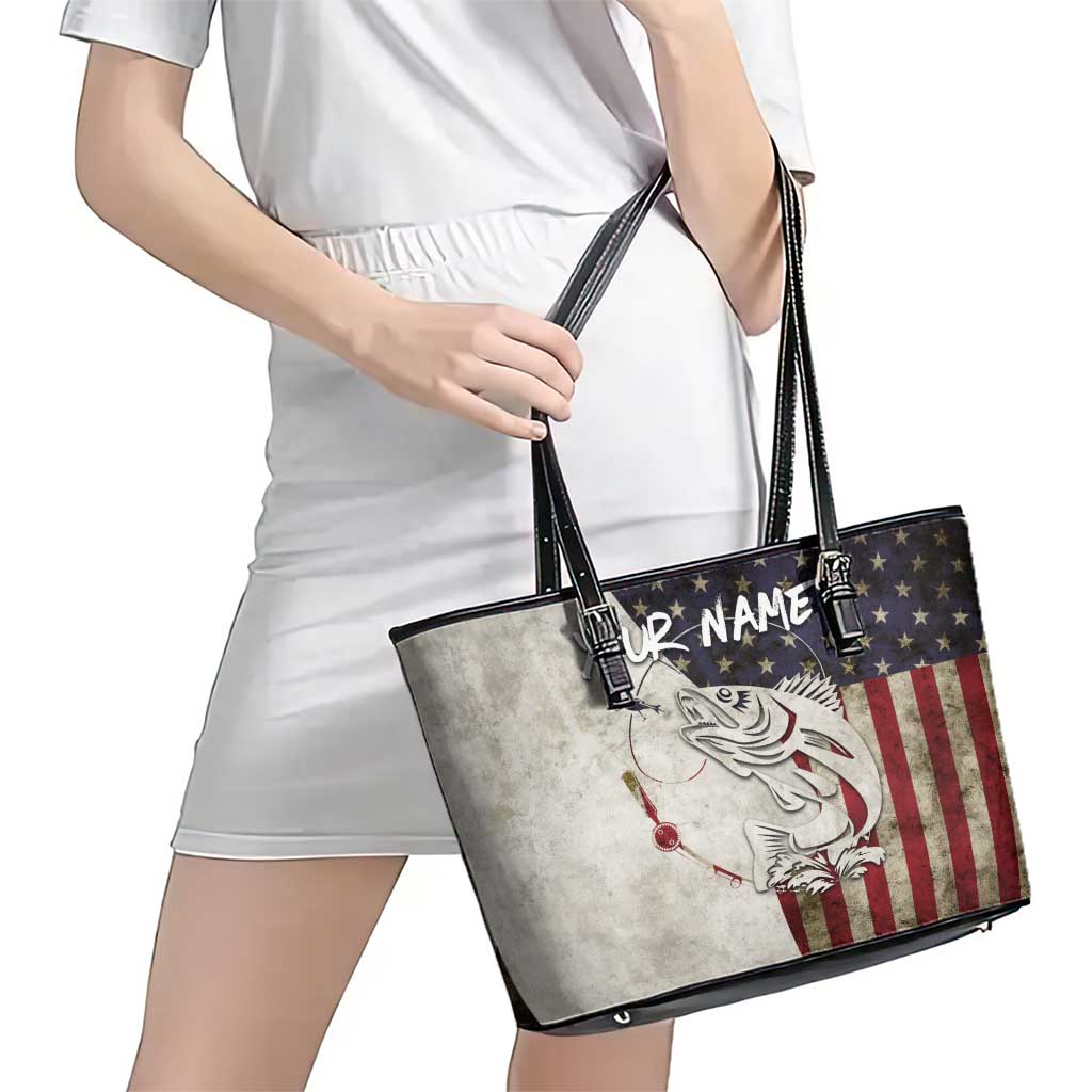 Walleye Fishing Leather Tote Bag American Flag Vintage Design and Custom Name Option - Wonder Print Shop