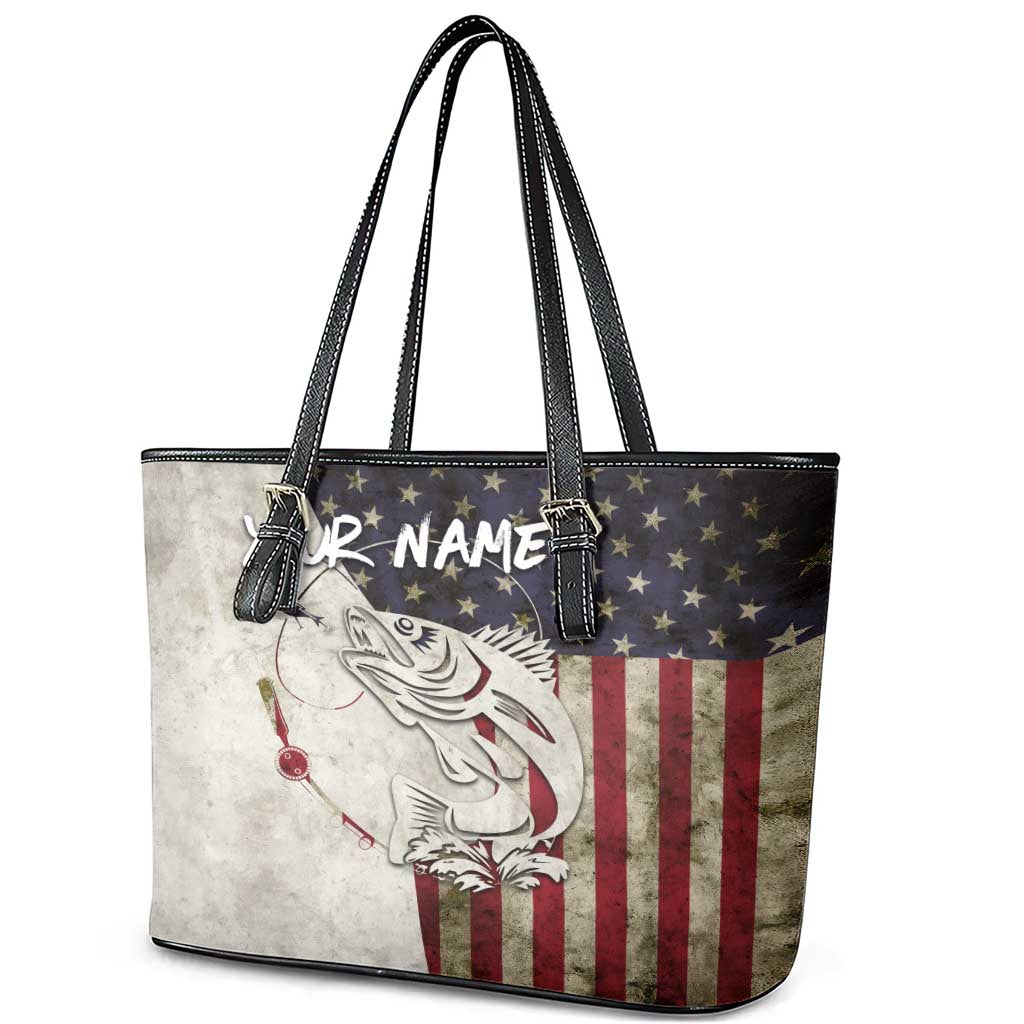 Walleye Fishing Leather Tote Bag American Flag Vintage Design and Custom Name Option - Wonder Print Shop
