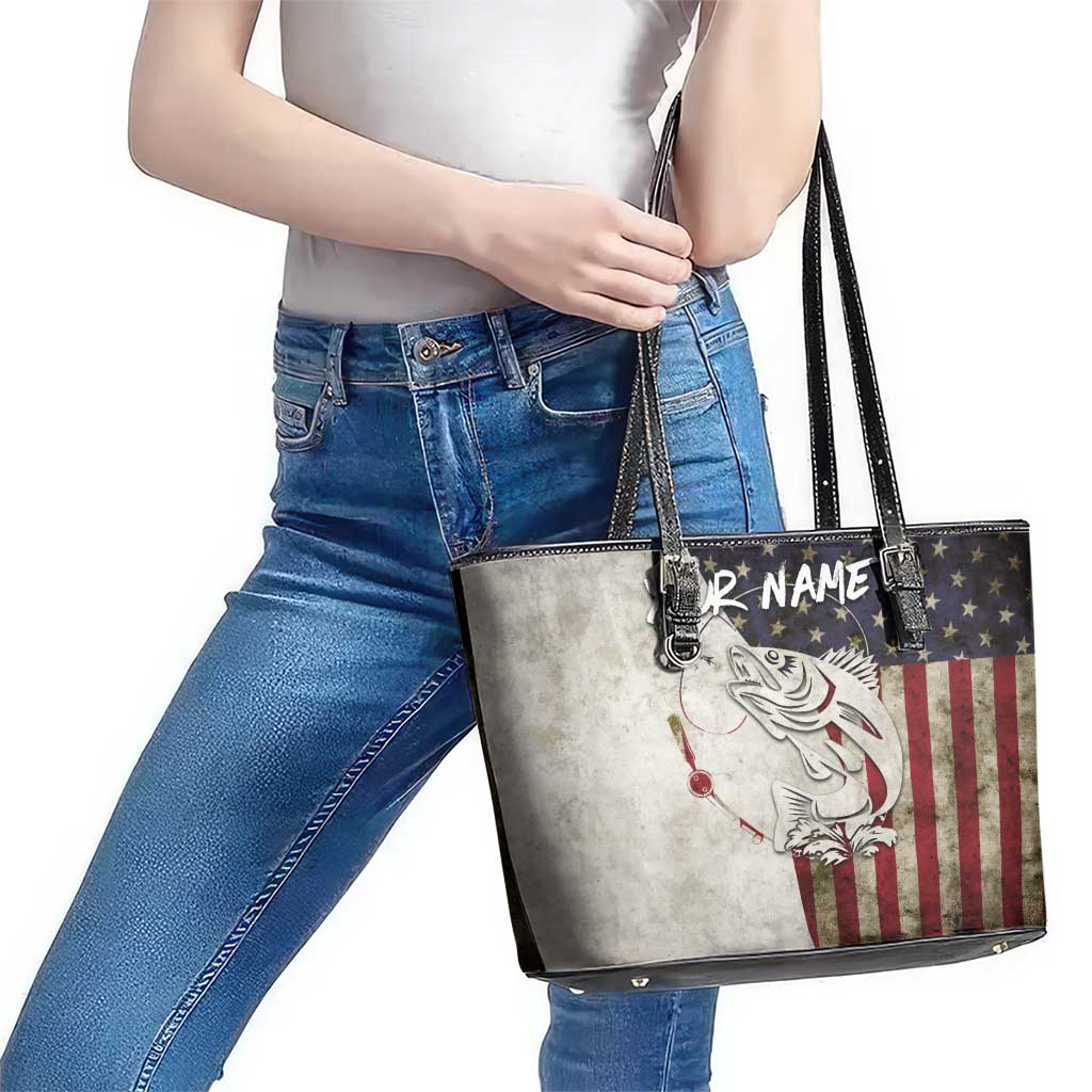 Walleye Fishing Leather Tote Bag American Flag Vintage Design and Custom Name Option - Wonder Print Shop