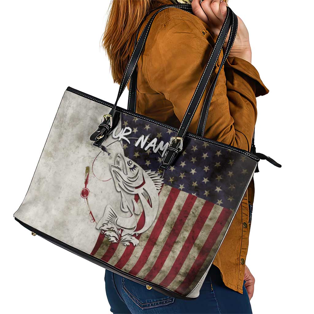 Walleye Fishing Leather Tote Bag American Flag Vintage Design and Custom Name Option - Wonder Print Shop