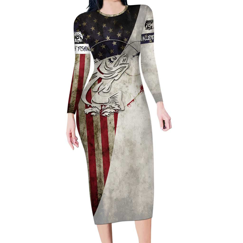 Walleye Fishing Long Sleeve Bodycon Dress American Flag Vintage Design and Custom Name Option - Wonder Print Shop