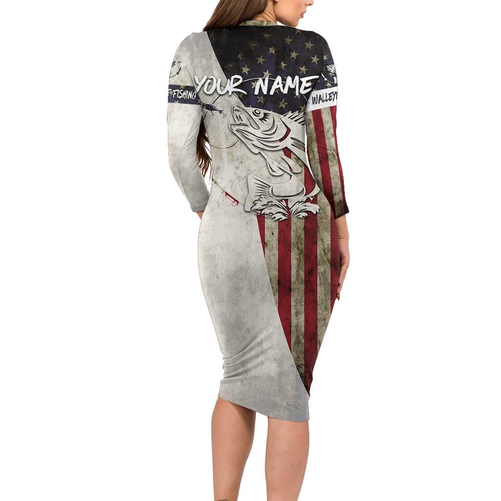 Walleye Fishing Long Sleeve Bodycon Dress American Flag Vintage Design and Custom Name Option - Wonder Print Shop