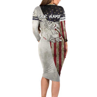 Walleye Fishing Long Sleeve Bodycon Dress American Flag Vintage Design and Custom Name Option - Wonder Print Shop