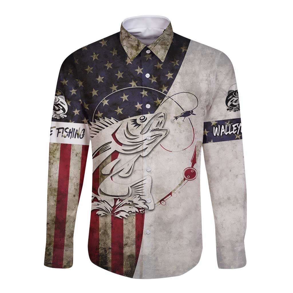 Walleye Fishing Long Sleeve Button Shirt American Flag Vintage Design and Custom Name Option - Wonder Print Shop