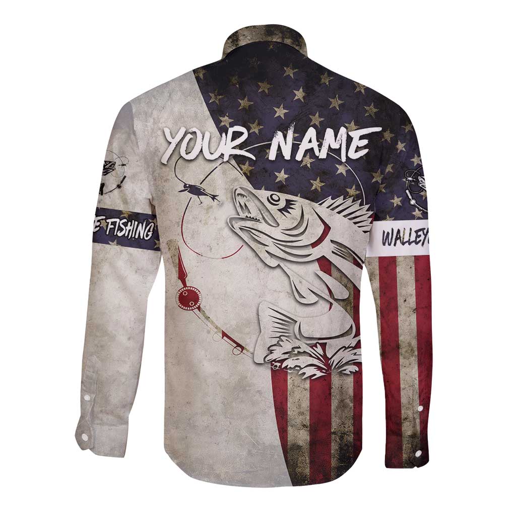 Walleye Fishing Long Sleeve Button Shirt American Flag Vintage Design and Custom Name Option - Wonder Print Shop