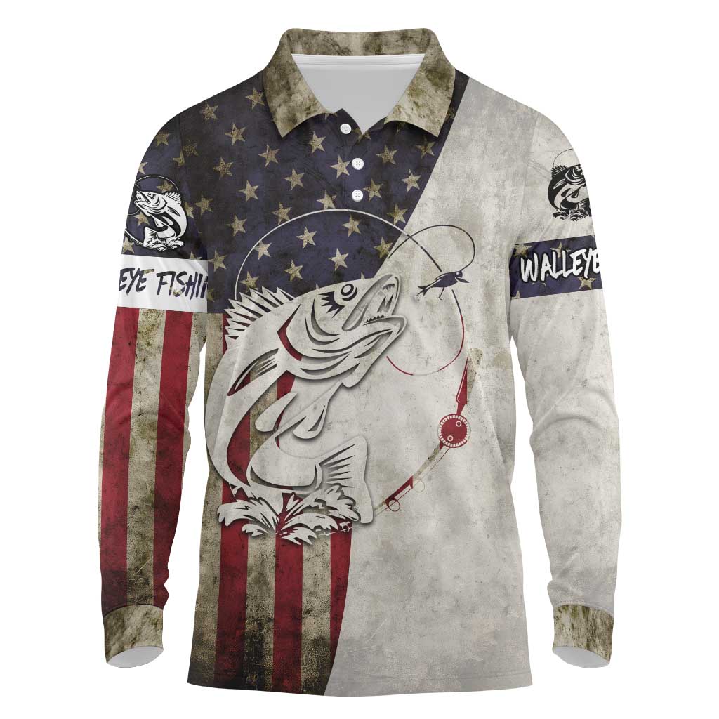 Walleye Fishing Long Sleeve Polo Shirt American Flag Vintage Design and Custom Name Option - Wonder Print Shop