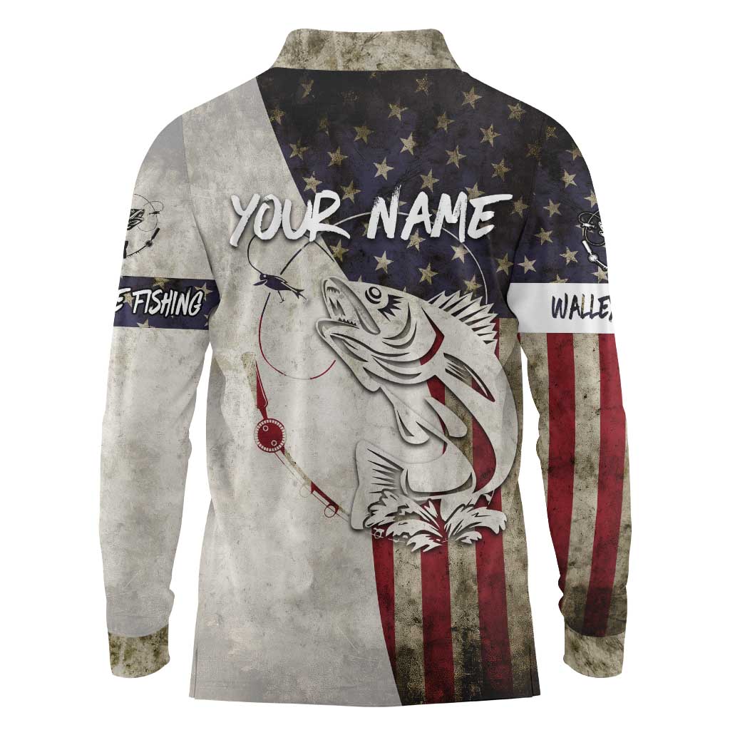 Walleye Fishing Long Sleeve Polo Shirt American Flag Vintage Design and Custom Name Option - Wonder Print Shop
