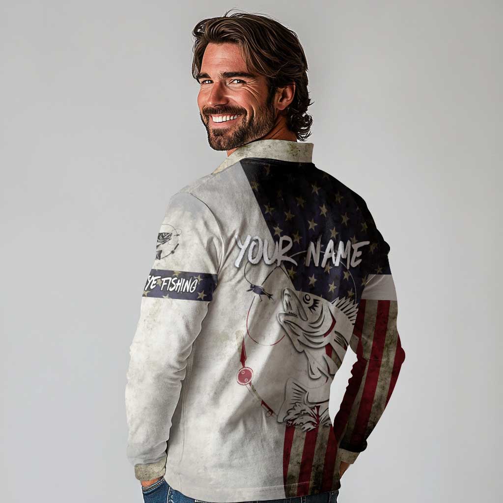 Walleye Fishing Long Sleeve Polo Shirt American Flag Vintage Design and Custom Name Option - Wonder Print Shop