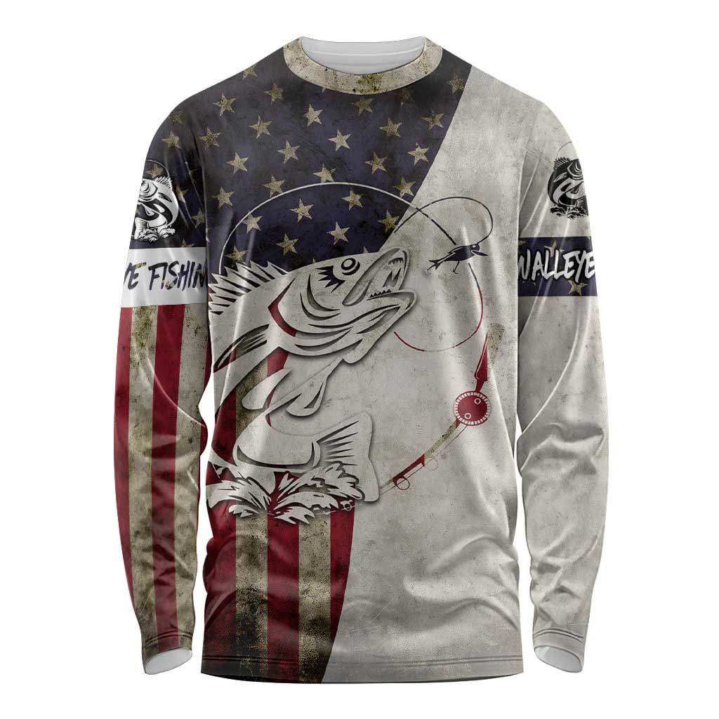Walleye Fishing Long Sleeve Shirt American Flag Vintage Design and Custom Name Option - Wonder Print Shop