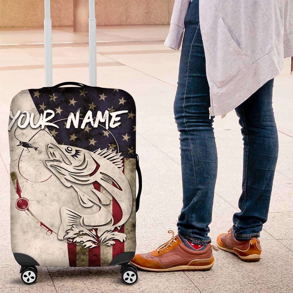 Walleye Fishing Luggage Cover American Flag Vintage Design and Custom Name Option - Wonder Print Shop