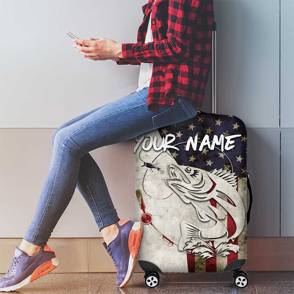 Walleye Fishing Luggage Cover American Flag Vintage Design and Custom Name Option - Wonder Print Shop