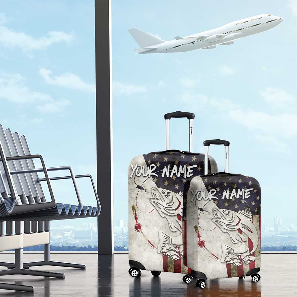 Walleye Fishing Luggage Cover American Flag Vintage Design and Custom Name Option - Wonder Print Shop