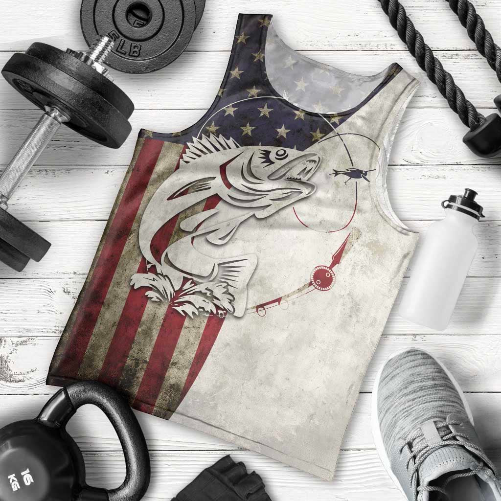 Walleye Fishing Men Tank Top American Flag Vintage Design and Custom Name Option - Wonder Print Shop