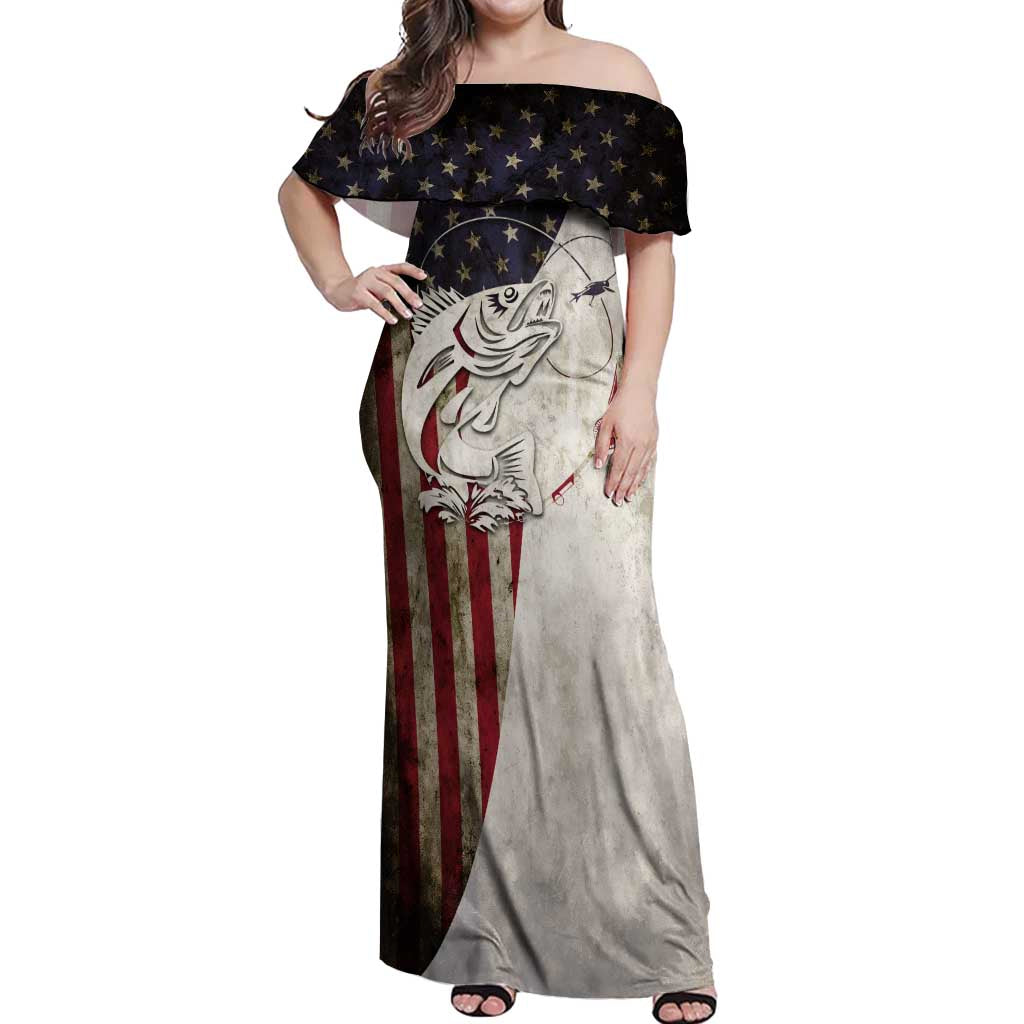 Walleye Fishing Off Shoulder Maxi Dress American Flag Vintage Design and Custom Name Option - Wonder Print Shop