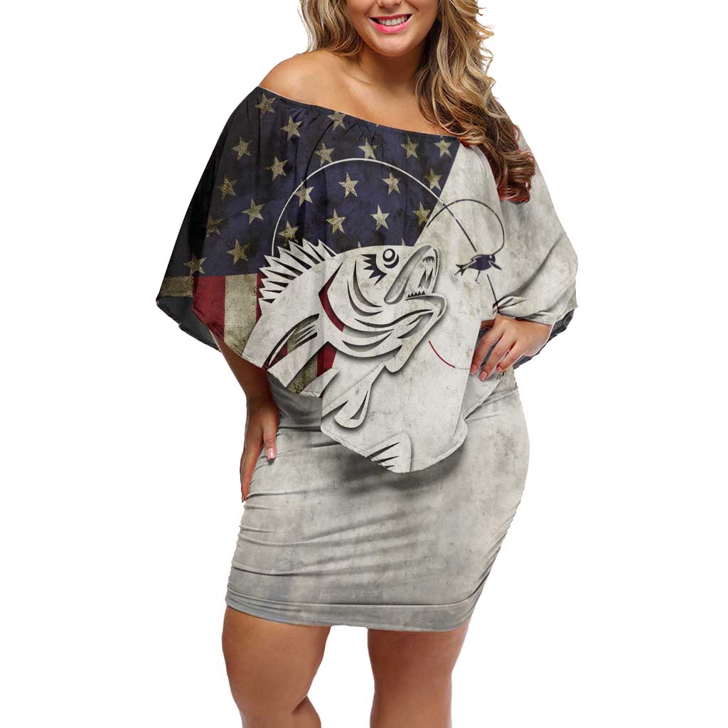 Walleye Fishing Off Shoulder Short Dress American Flag Vintage Design and Custom Name Option - Wonder Print Shop