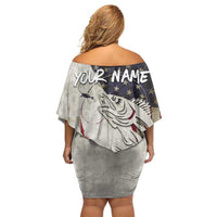 Walleye Fishing Off Shoulder Short Dress American Flag Vintage Design and Custom Name Option - Wonder Print Shop