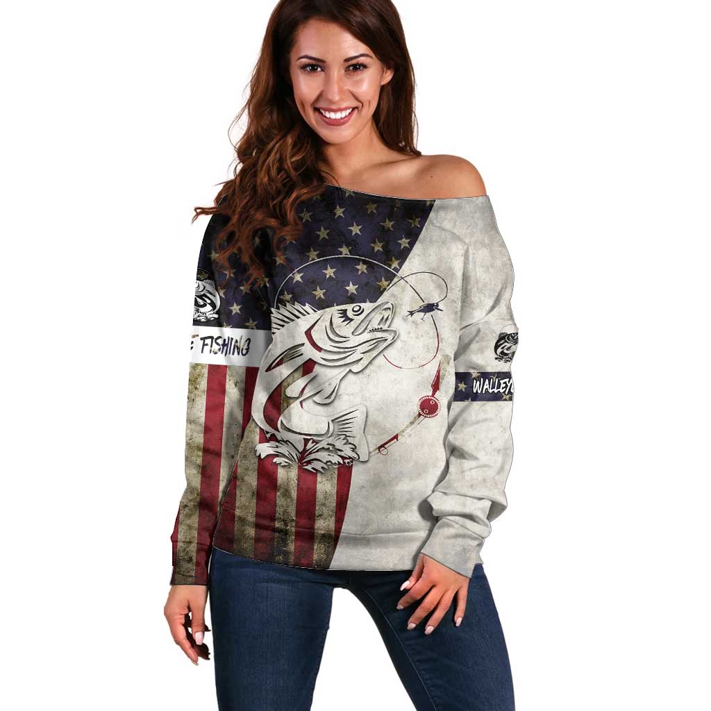 Walleye Fishing Off Shoulder Sweater American Flag Vintage Design and Custom Name Option - Wonder Print Shop