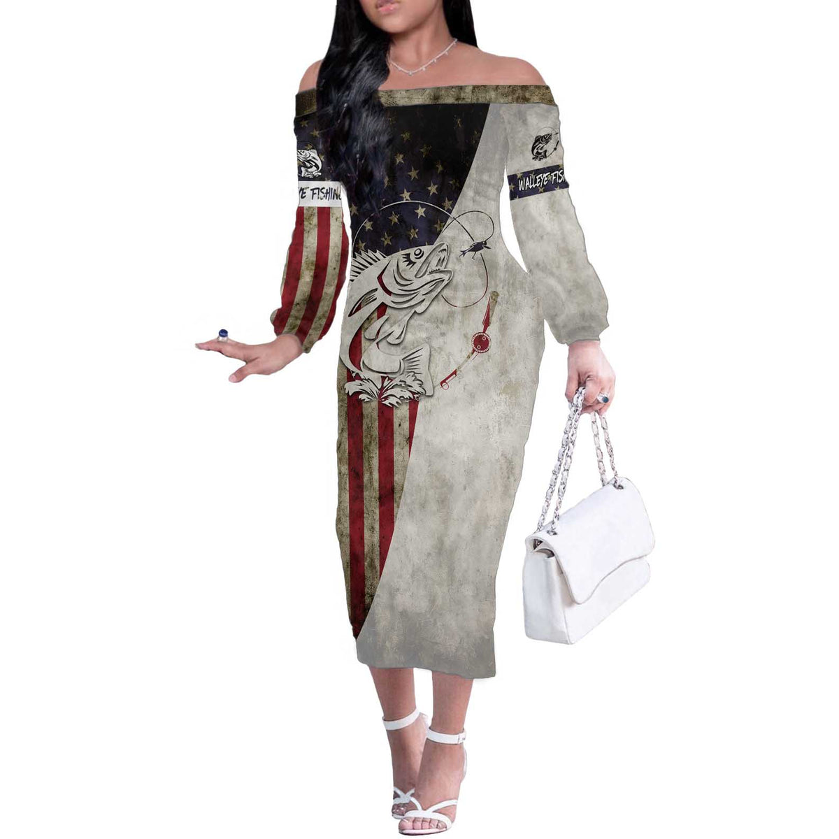 Walleye Fishing Off The Shoulder Long Sleeve Dress American Flag Vintage Design and Custom Name Option - Wonder Print Shop