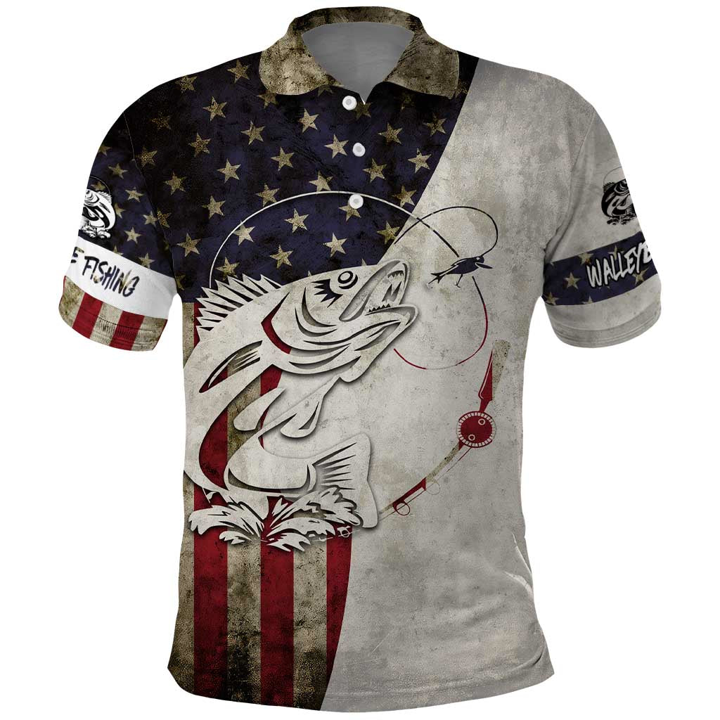 Walleye Fishing Polo Shirt American Flag Vintage Design and Custom Name Option - Wonder Print Shop