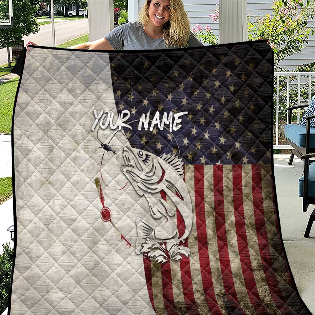 Walleye Fishing Quilt American Flag Vintage Design and Custom Name Option - Wonder Print Shop