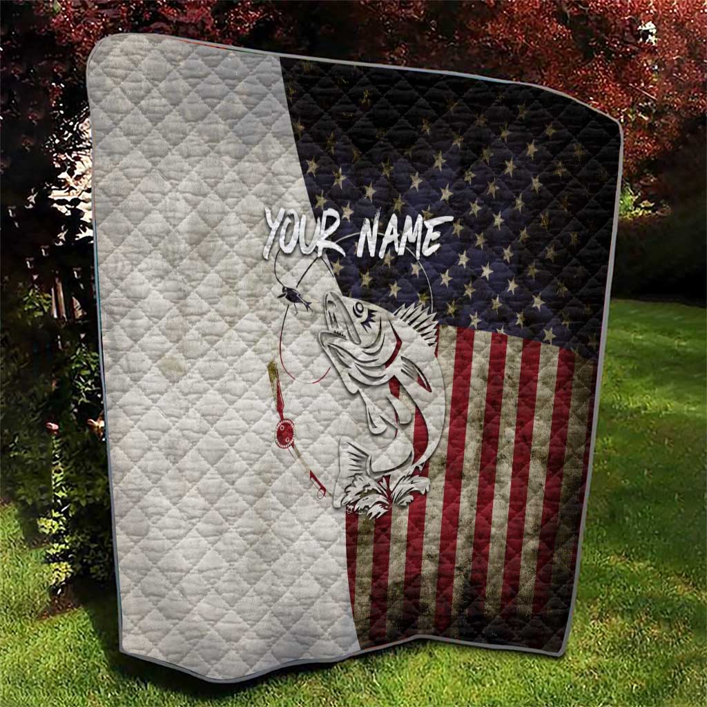 Walleye Fishing Quilt American Flag Vintage Design and Custom Name Option - Wonder Print Shop