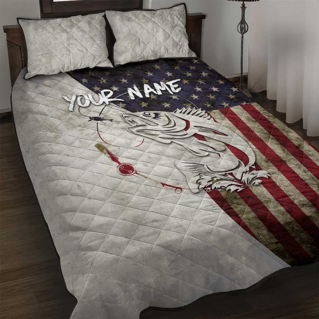 Walleye Fishing Quilt Bed Set American Flag Vintage Design and Custom Name Option - Wonder Print Shop