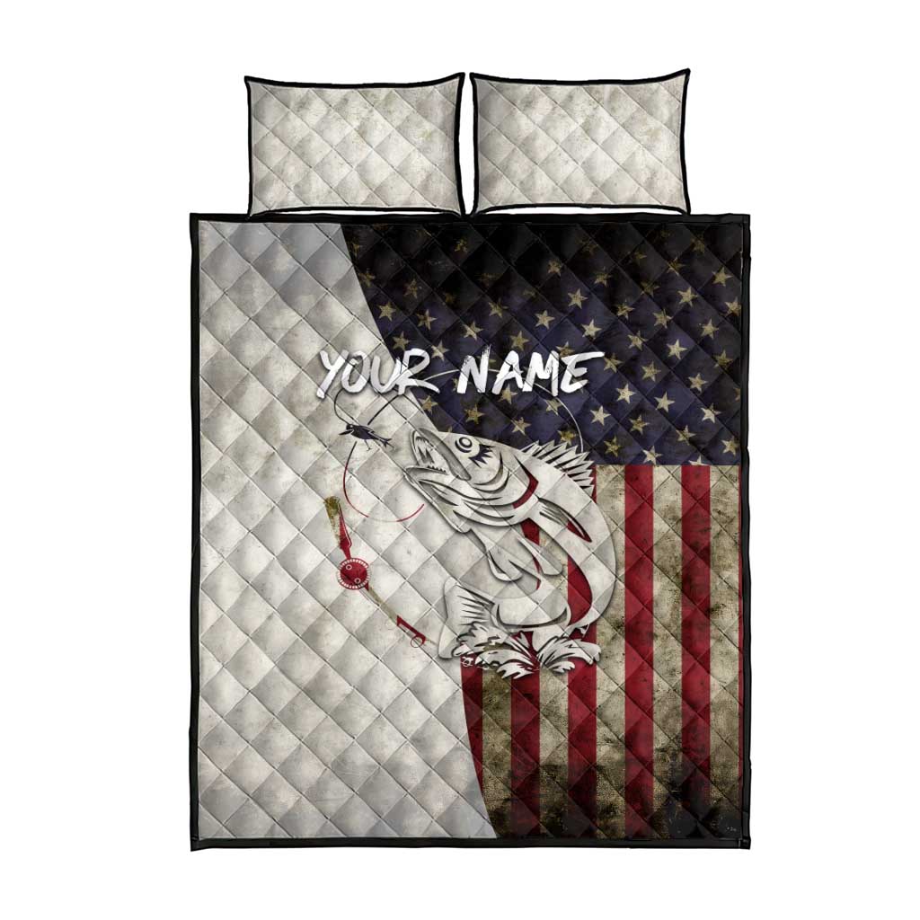 Walleye Fishing Quilt Bed Set American Flag Vintage Design and Custom Name Option - Wonder Print Shop