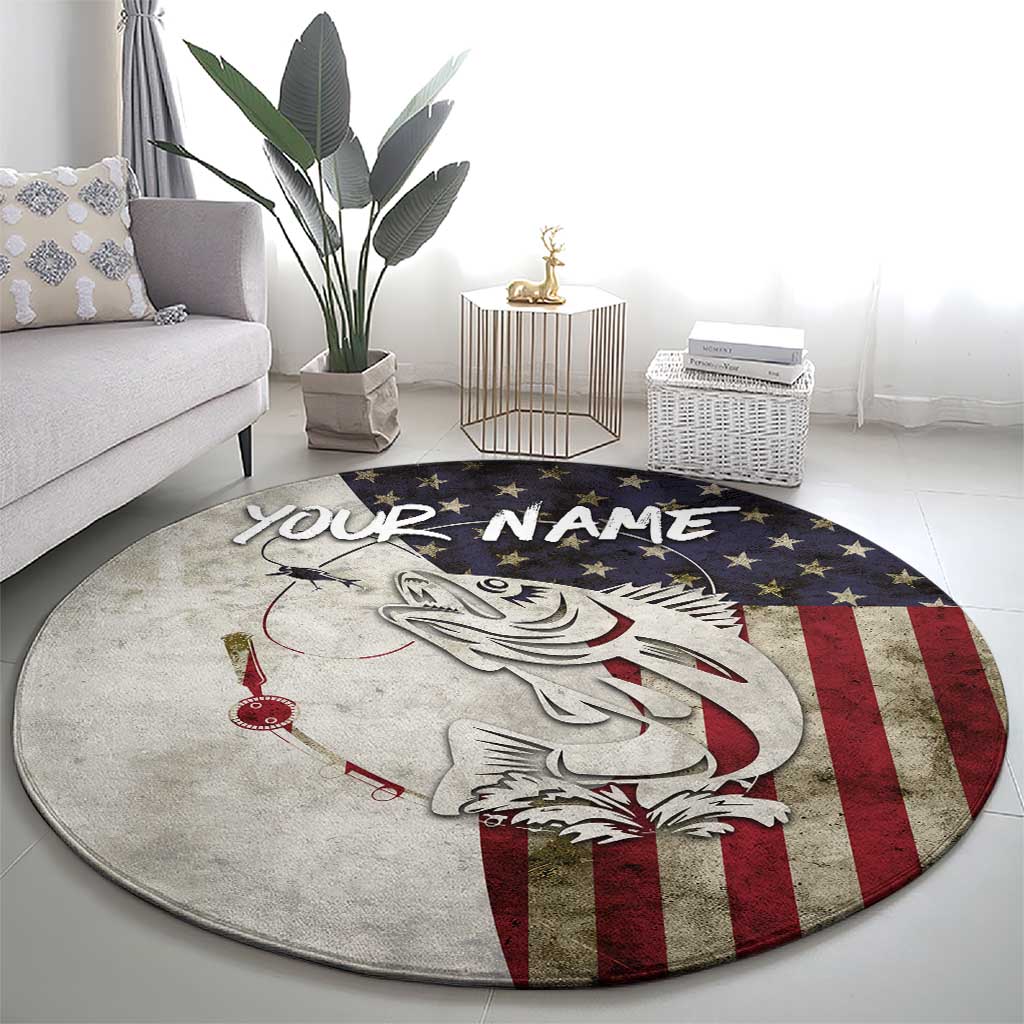 Walleye Fishing Round Carpet American Flag Vintage Design and Custom Name Option - Wonder Print Shop