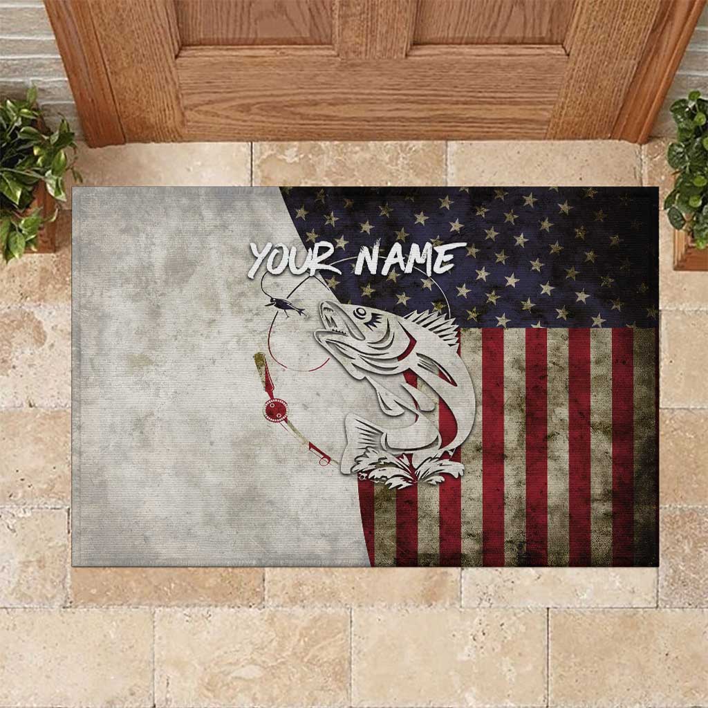 Walleye Fishing Rubber Doormat American Flag Vintage Design and Custom Name Option - Wonder Print Shop