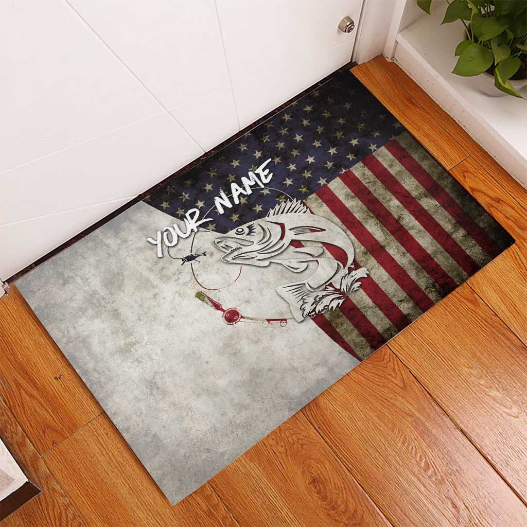 Walleye Fishing Rubber Doormat American Flag Vintage Design and Custom Name Option - Wonder Print Shop