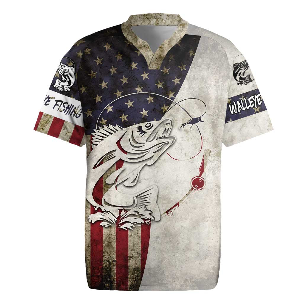 Walleye Fishing Rugby Jersey American Flag Vintage Design and Custom Name Option - Wonder Print Shop