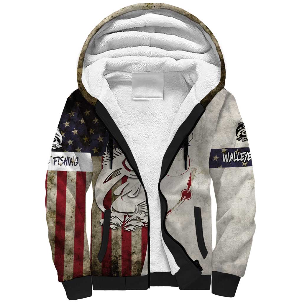 Walleye Fishing Sherpa Hoodie American Flag Vintage Design and Custom Name Option - Wonder Print Shop