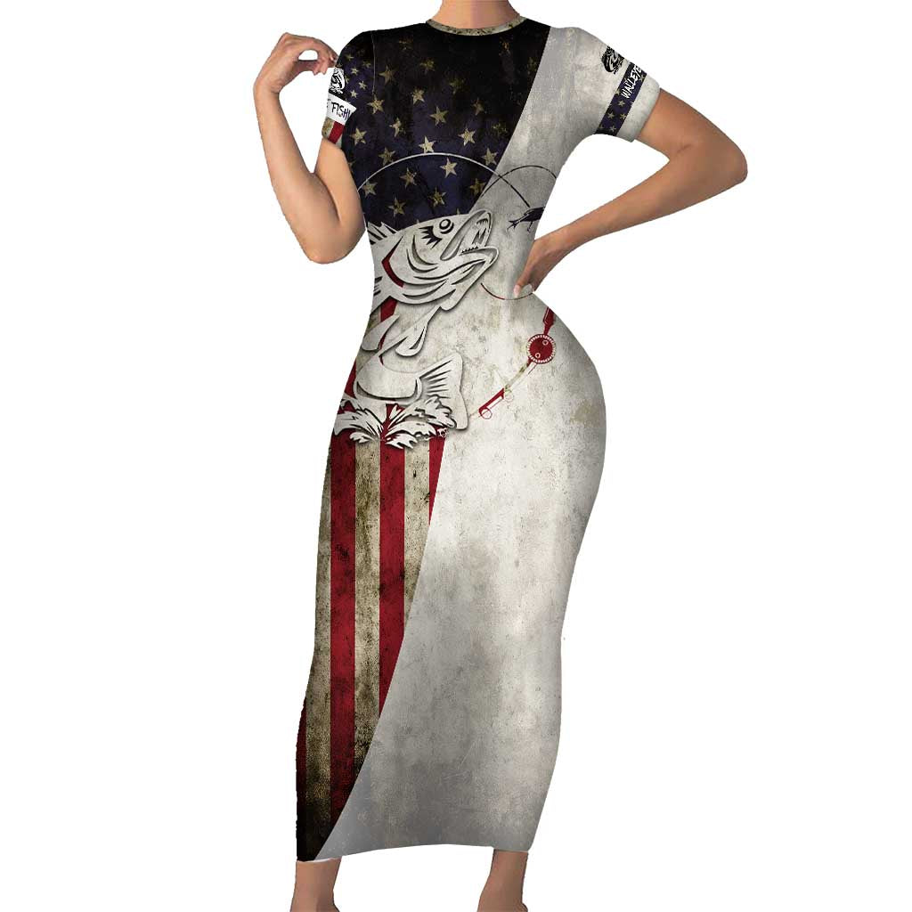 Walleye Fishing Short Sleeve Bodycon Dress American Flag Vintage Design and Custom Name Option - Wonder Print Shop