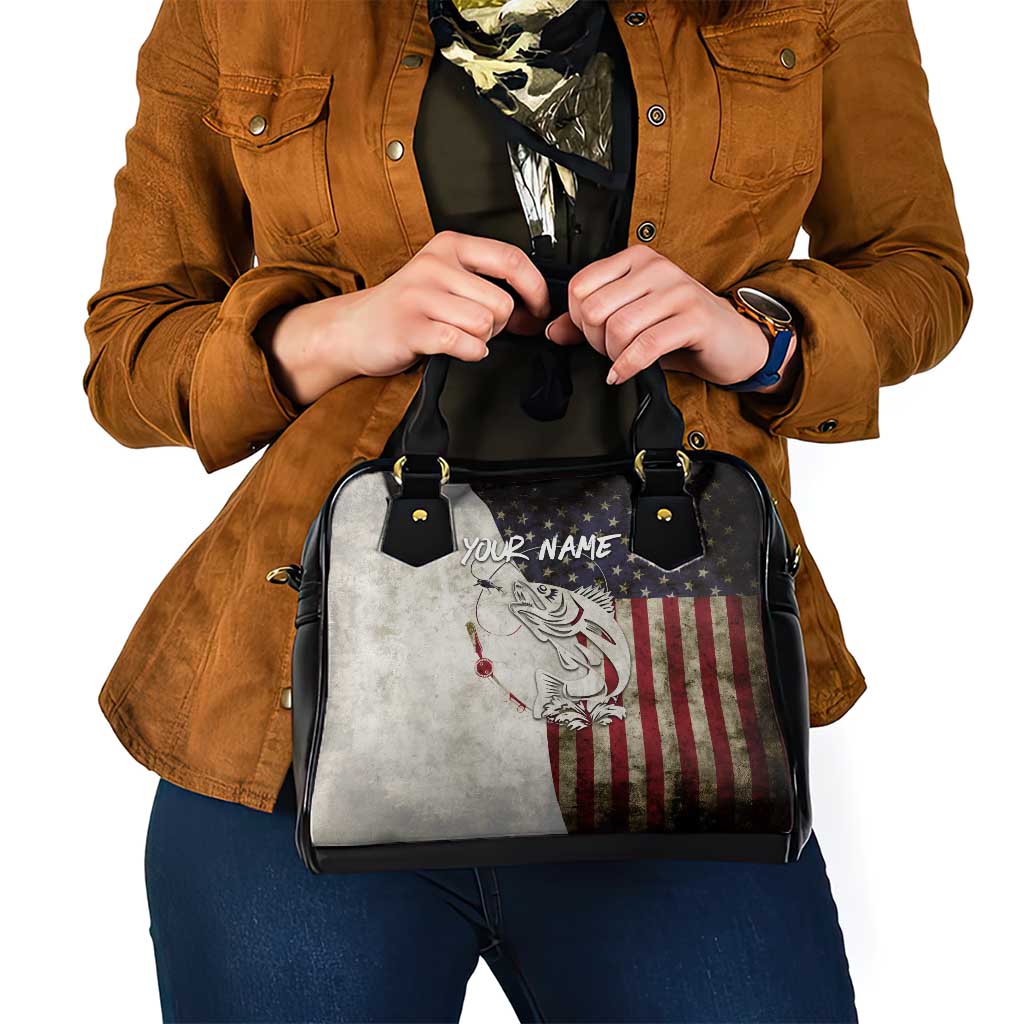 Walleye Fishing Shoulder Handbag American Flag Vintage Design and Custom Name Option - Wonder Print Shop