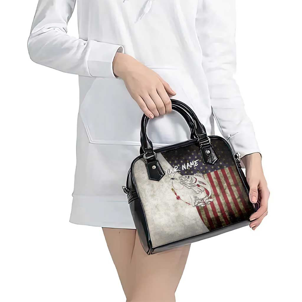 Walleye Fishing Shoulder Handbag American Flag Vintage Design and Custom Name Option - Wonder Print Shop