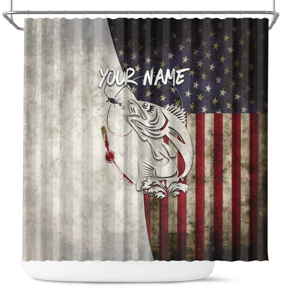 Walleye Fishing Shower Curtain American Flag Vintage Design and Custom Name Option - Wonder Print Shop