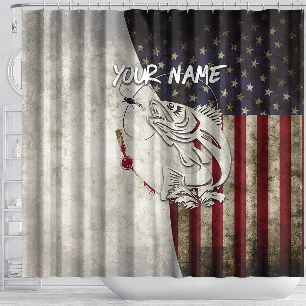 Walleye Fishing Shower Curtain American Flag Vintage Design and Custom Name Option - Wonder Print Shop