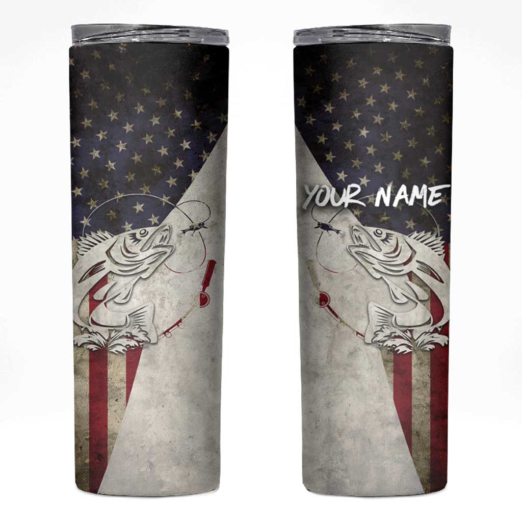 Walleye Fishing Skinny Tumbler American Flag Vintage Design and Custom Name Option - Wonder Print Shop