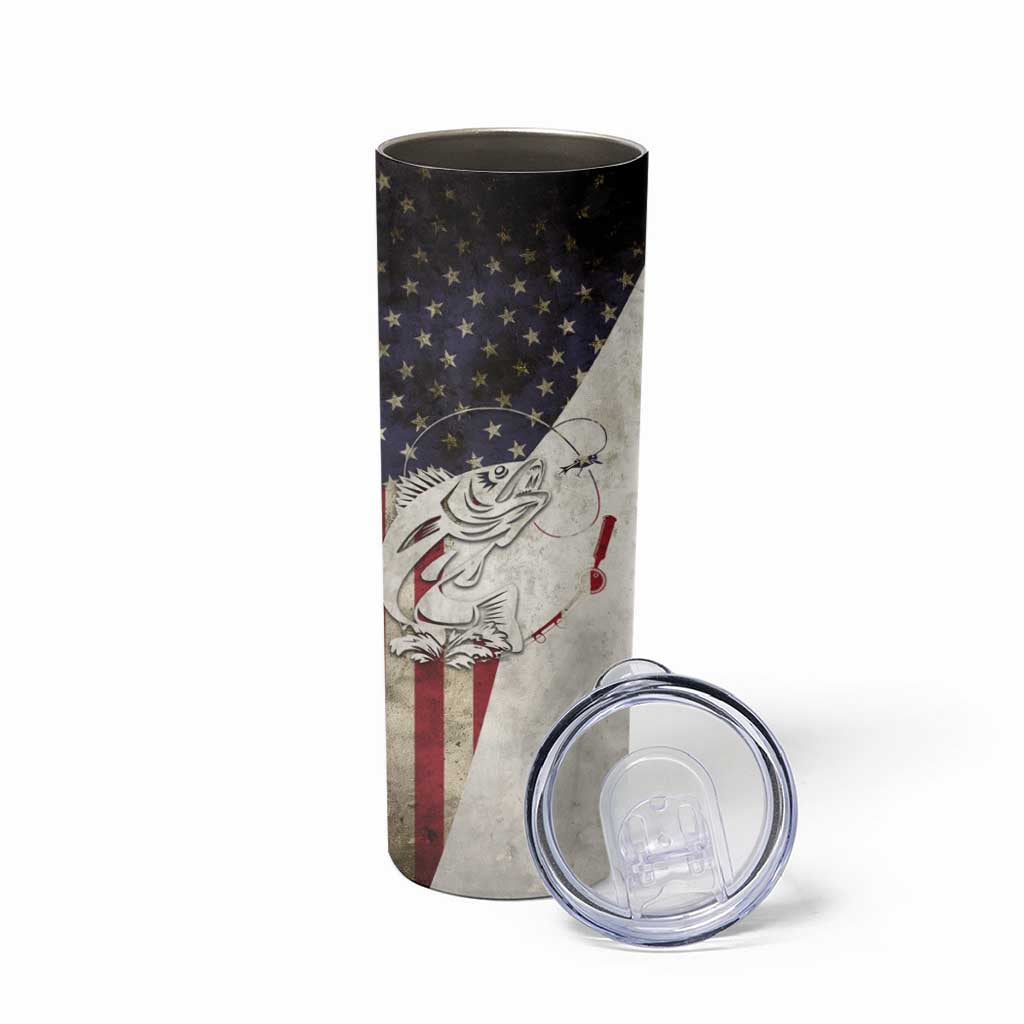 Walleye Fishing Skinny Tumbler American Flag Vintage Design and Custom Name Option - Wonder Print Shop
